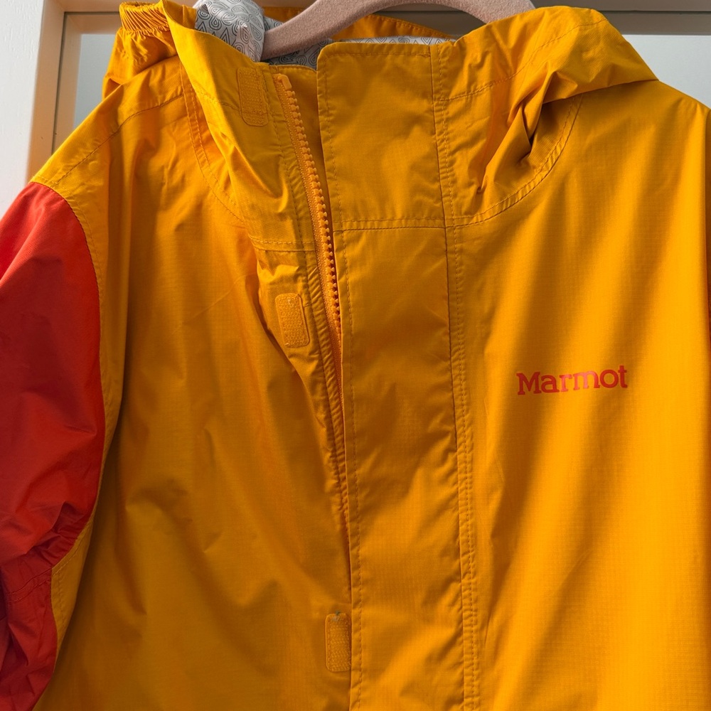 Marmot Kids Hooded Colorblock Rain Jacket in Yellow & Red-Orange - Picture 2 of 4